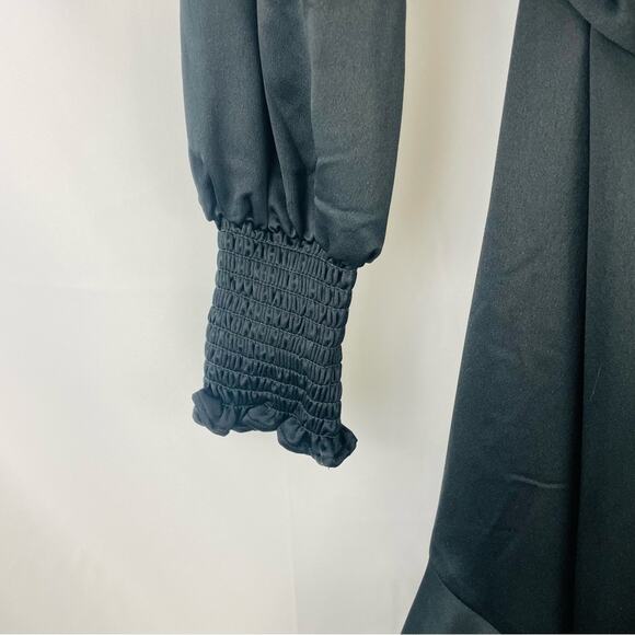 EUC‎ Rachel Parcell Long Sleeve Hammered Ruffled Satin Wrap Dress Black size XXS - Picture 7 of 12